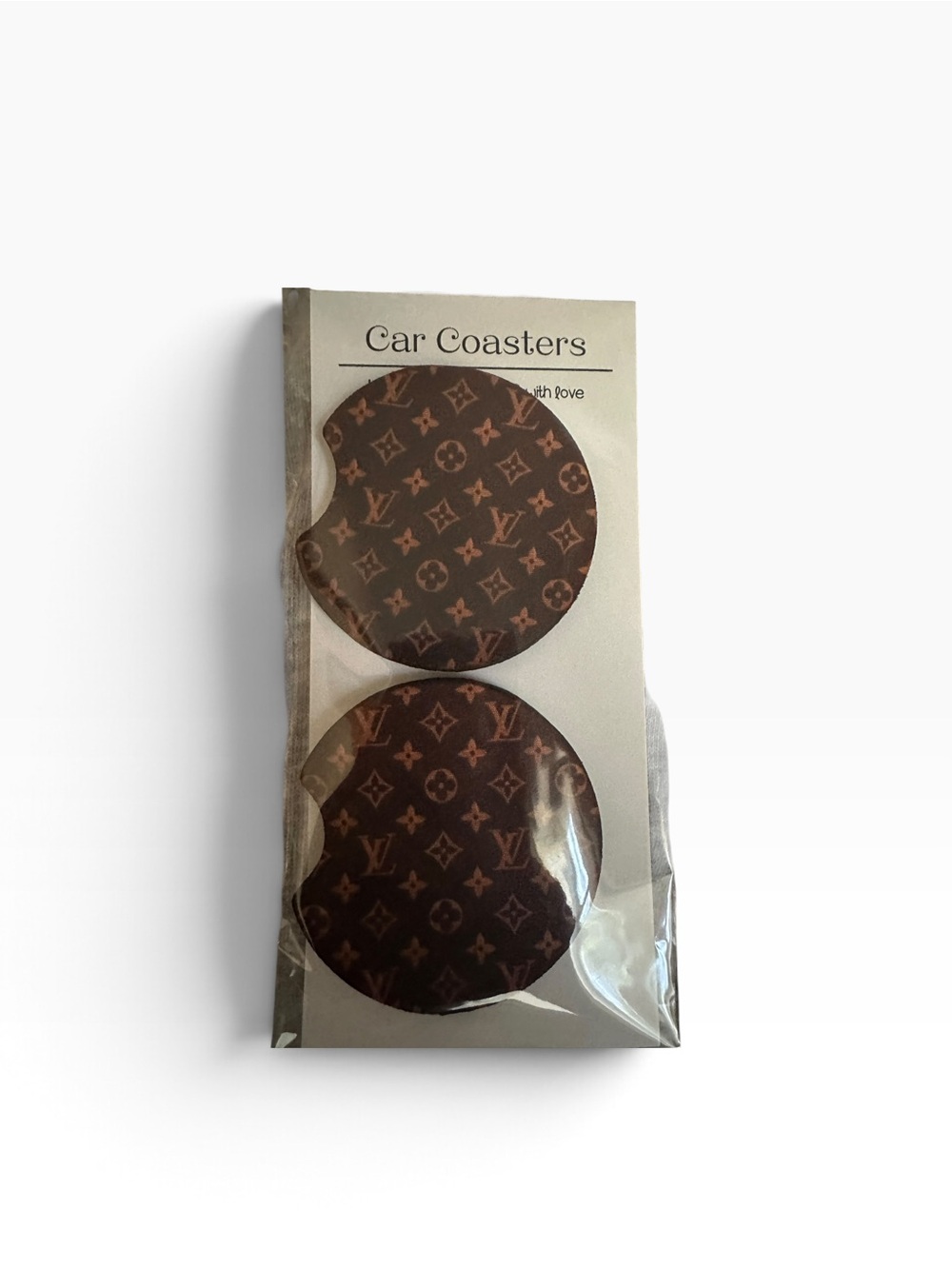 Handmade Monogram Brown Car Cup Holder Coasters - Designer Inspired